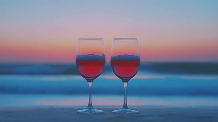 Romantic beachside relaxation with wine glasses during a picturesque sunset glow