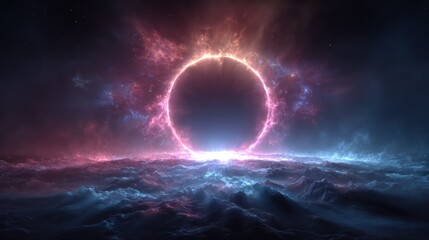 Cosmic Energy Portal with Glowing Neon Rings in Digital Landscape