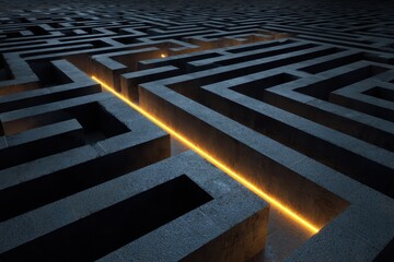 Illuminated Path Through Dark Concrete Maze: Perspective View of Complex Labyrinth with Glowing Line