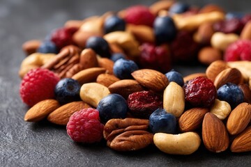 A close-up view of a variety of nuts and berries arranged on a dark surface, showcasing vibrant colors and textures, ideal for healthy eating concepts.