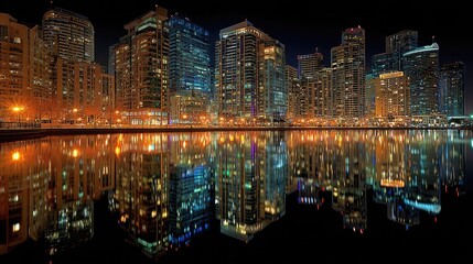 Naklejka premium Skyline at night reflected on river, city scene, urban lights illuminate waterfront
