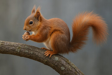 Obraz premium Red squirrel eating a nut on a tree branch