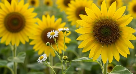 Fototapeta premium Sunflower field with daisies in the foreground under bright sunlight during the daytime in the summer season