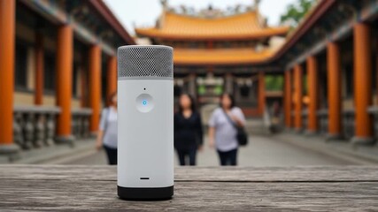 Smart speaker on wooden surface with architectural background technological integration