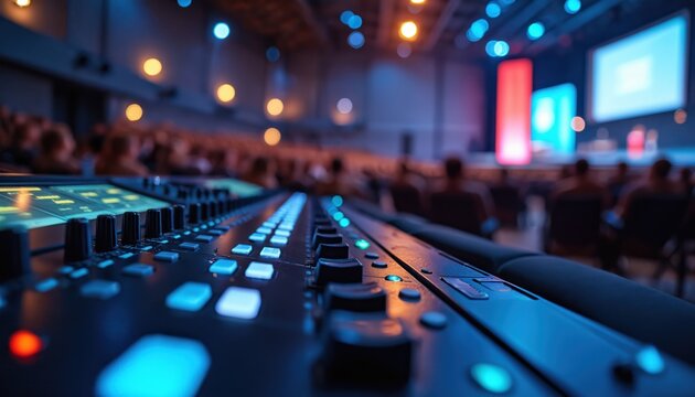 Audio visual equipment control board for business conference system. Close-up of sound mixing desk with glowing lights, buttons, sliders in pro conference hall with audience and screen.