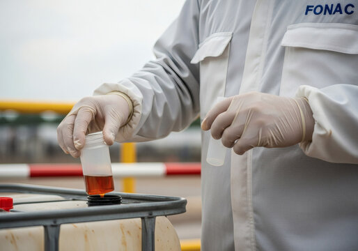 A person in protective gear examining a liquid sample from a container outdoors.