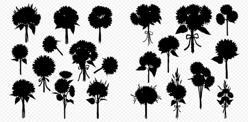 A diverse collection of black sunflower silhouettes, featuring single stems and bouquets tied with ribbons.