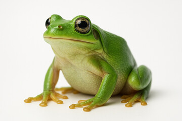 Obraz premium A bright green tree frog with large bulging eyes sits on a white background