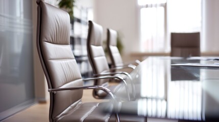 Fototapeta premium Modern office meeting room with glass table and leather chairs, conveying professionalism and corporate efficiency.