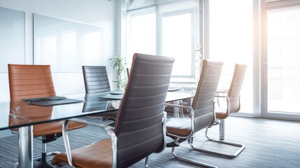 Modern office meeting room with glass table and leather chairs, conveying professionalism and corporate efficiency.