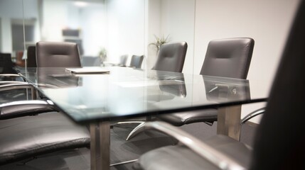 Modern office meeting room with glass table and leather chairs, conveying professionalism and corporate efficiency.