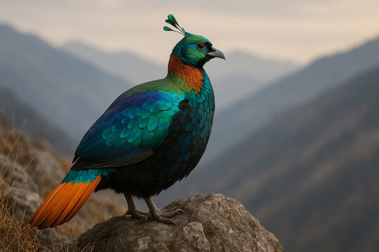 Vibrant himalayan monal bird perched on a rocky outcrop