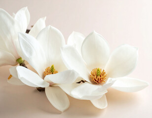 Obraz premium close-up photograph showcases the pristine white petals and vibrant yellow and green center of a blooming magnolia flower. Another slightly blurred magnolia blossom lies in the soft focus background, 