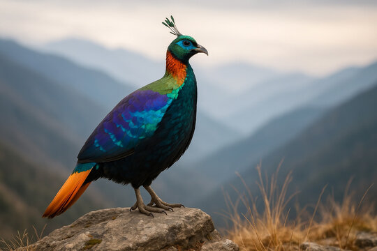Vibrant himalayan monal pheasant perched on a rocky outcrop