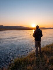 A man stands by the riverbank, fishing as the sun sets behind the mountains, creating a serene and peaceful atmosphere.