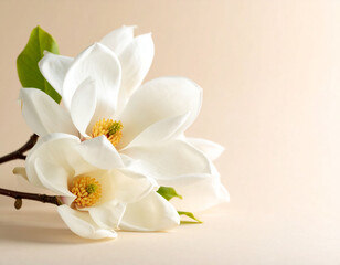 Obraz premium close-up photograph showcases the pristine white petals and vibrant yellow and green center of a blooming magnolia flower. Another slightly blurred magnolia blossom lies in the soft focus background, 