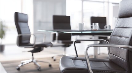 Modern office meeting room with glass table and leather chairs, conveying professionalism and corporate efficiency.