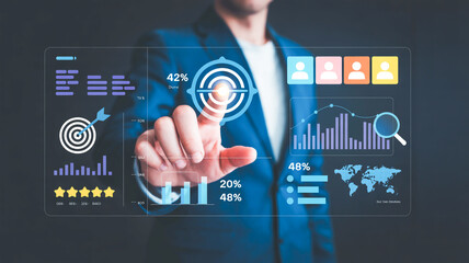 A digital marketing and analytics visualization concept with a dark blue background