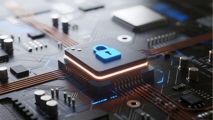 Close-up of circuit board with blue lock symbol highlighting cybersecurity and data protection in technology systems.