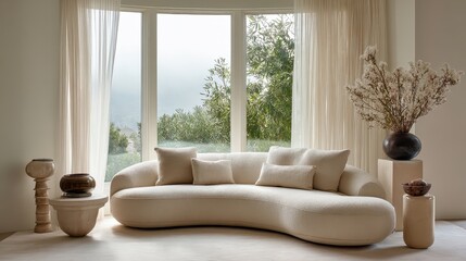 A couch with pillows and a vase on a table