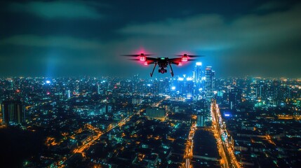 A drone flying over a city at night