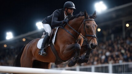Obraz premium A rider in a black suit jumps over an obstacle on a brown horse during a show jumping event at night, surrounded by an enthusiastic crowd.