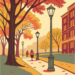 People walking on a path in an autumn park with trees, leaves, lampposts and a building in the background