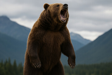Fototapeta premium Majestic grizzly bear stands tall against a mountain backdrop
