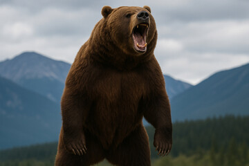 Fierce grizzly bear roaring in a mountain wilderness