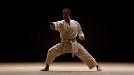 A focused martial artist in a karate uniform strikes a pose in a dimly lit dojo, showcasing strength and discipline.