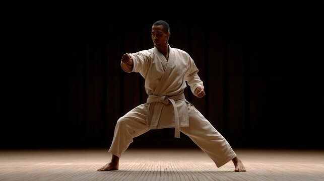 A focused martial artist in a karate uniform strikes a pose in a dimly lit dojo, showcasing strength and discipline.