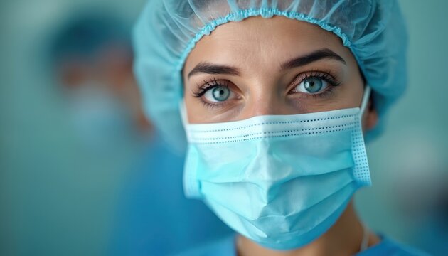 Female surgeon with bright blue eyes wears medical mask, cap. Pro focus, dedication visible in clinical environment. Hospital scene, conveying compassion, expertise, resilience in patient care.