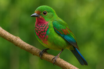 Vibrant green bird with red chest perched on a branch
