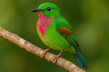 Obraz premium Vibrant green bird with pink chest perched on a branch
