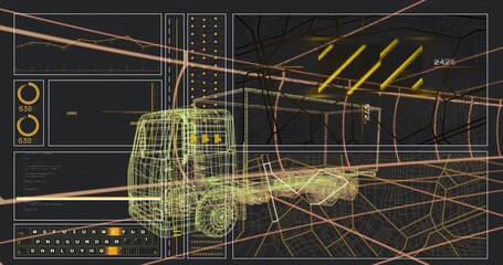 Upon wireframe truck appearing in neon tunnel, UI overlays springing to life, displaying metrics - Powered by Adobe