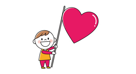 Joyful child proudly waves large pink heart flag, spreading love and positivity with a bright smile.