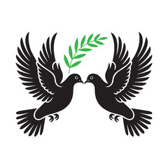 Obraz premium Two black doves flying towards each other with a green olive branch
