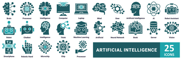 Artificial Intelligent icon set. with icon brain, processor, intelligence, computer, laptop, mind, gear, artificial intelligence, ai, robot assistant, robot, chatbot, artificial intelligence, think 