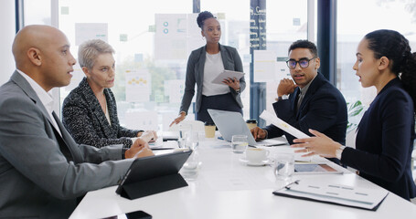 Discussion, documents and teamwork with business people in meeting for revenue, profit report and research. Budget proposal, investment portfolio and feedback with employees in office for project