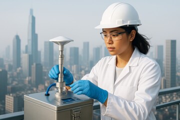 Female scientist in lab coat adjusting air monitoring device on rooftop with urban skyline in background, light atmospheric science concept.. Ai generative