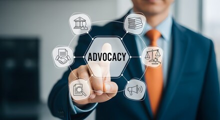 Businessman engages with digital interface showcasing advocacy concepts, legal justice, and research for business growth