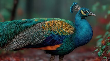 Fototapeta premium A colorful peacock displaying its feathers in a botanical garden, symbolizing natural artistry.