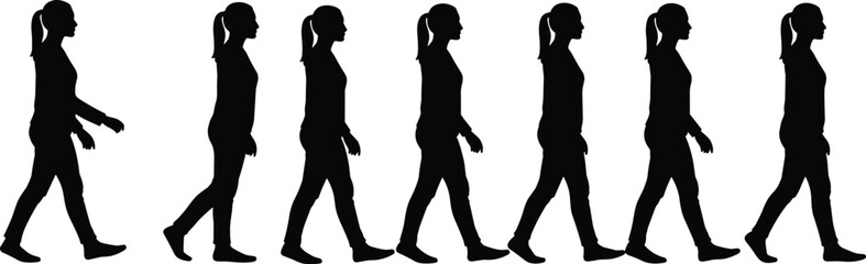 Female walking silhouette, walking sequence, motion illustration, human movement, woman walking, fitness activity, vector, walking cycle