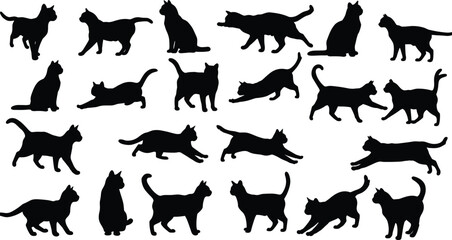 Silhouette of cats, different poses, sitting, walking, stretching, playful cat illustrations, cat behavior, vector design, feline movement