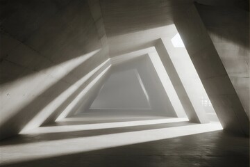 Obraz premium A modern concrete interior with geometric shapes and dramatic light and shadow patterns creating a minimalist architectural space.