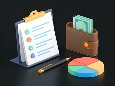 3d illustration of financial management, featuring a checklist, a wallet full of cash, and a pie chart, symbolizing budgeting and savings