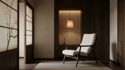 Fototapeta premium A minimalist room features a modern armchair, paper screen, and soft lighting, creating a serene and elegant atmosphere.