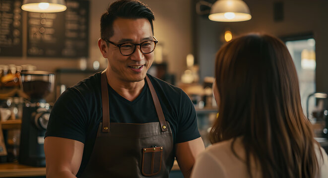 Friendly senior asian barista explaining coffee details to a young female customer