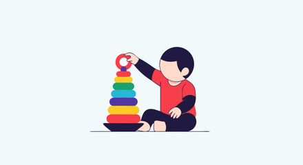 Joyful child stacking colorful rings developing fine motor skills and cognitive abilities in playful learning environment