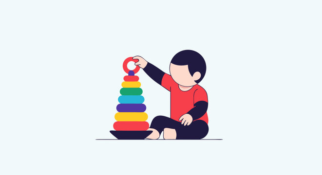 Joyful child stacking colorful rings developing fine motor skills and cognitive abilities in playful learning environment